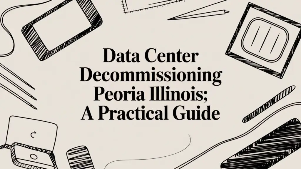 Text reads "Data Center Decommissioning Peoria Illinois; A Practical Guide" surrounded by hand-drawn office items like a notepad, pen, ruler, and smartphone on a light background.