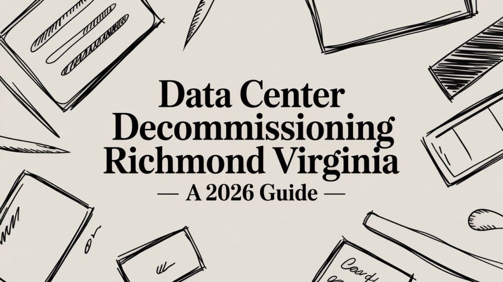 Black text reading "Data Center Decommissioning Richmond Virginia &mdash; A 2026 Guide" is centered on a beige background with hand-drawn sketches of office items around the border.