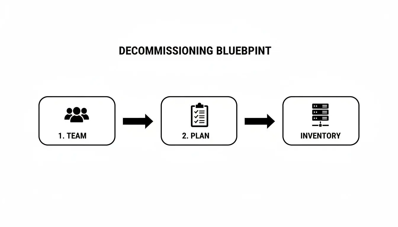 Flowchart showing a decommissioning blueprint process with steps: team, plan, and inventory.