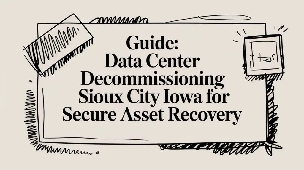 A rectangular sketch-style graphic with the text "Guide: Data Center Decommissioning Sioux City Iowa for Secure Asset Recovery" in bold letters at the center.