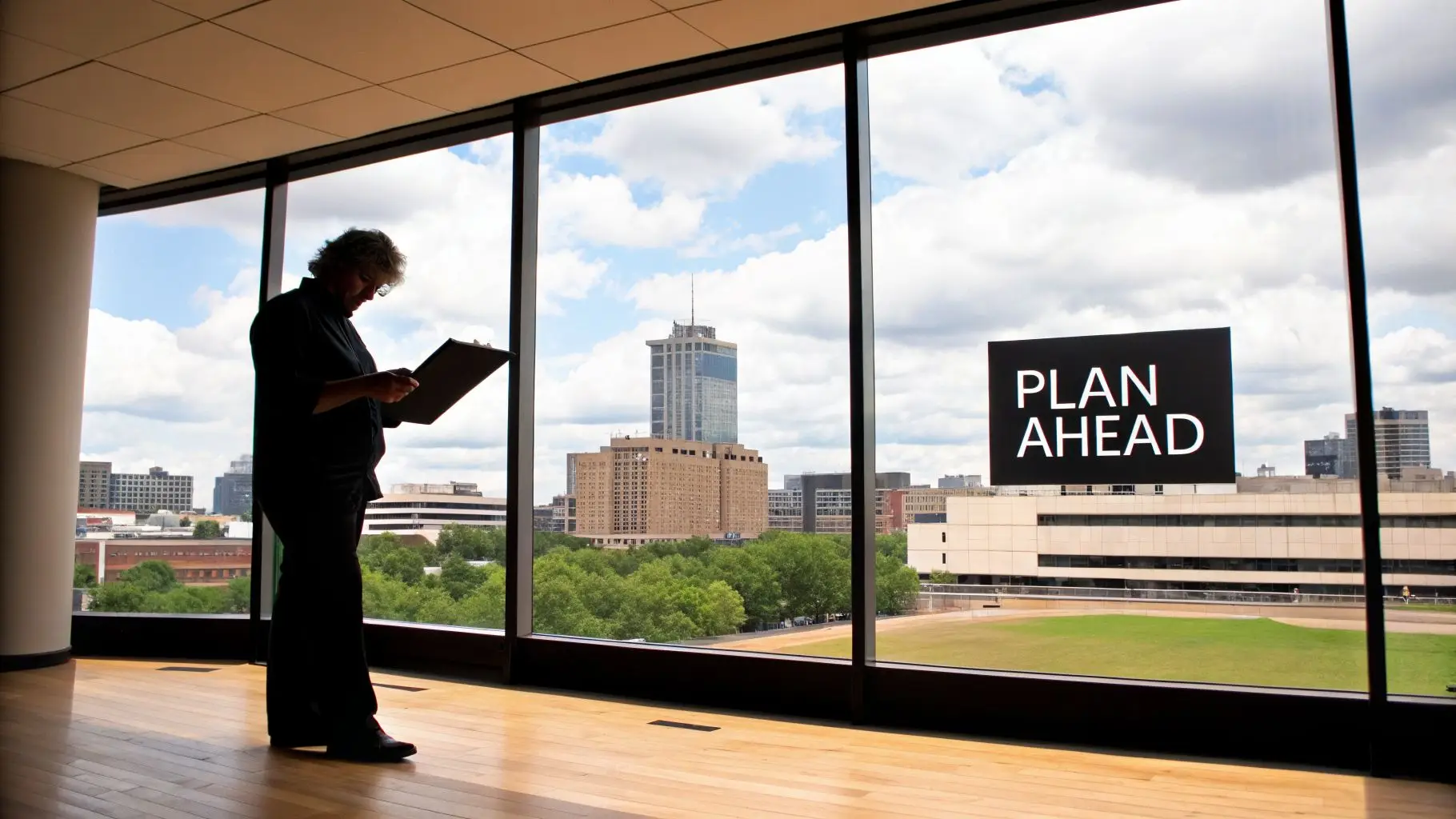 A person stands silhouetted by a large office window, looking at a document, with a city skyline and a 'PLAN AHEAD' sign visible outside.