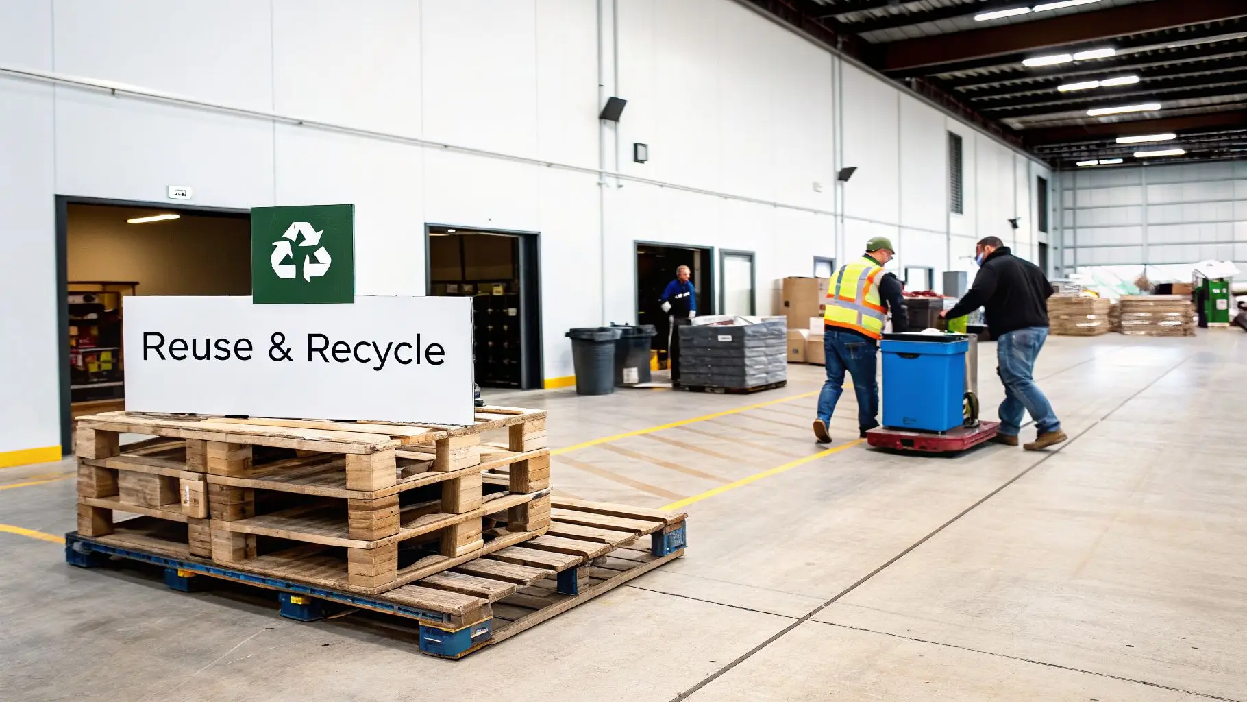 Workers in a large warehouse moving materials, with a prominent "Reuse & Recycle" sign on wooden pallets.