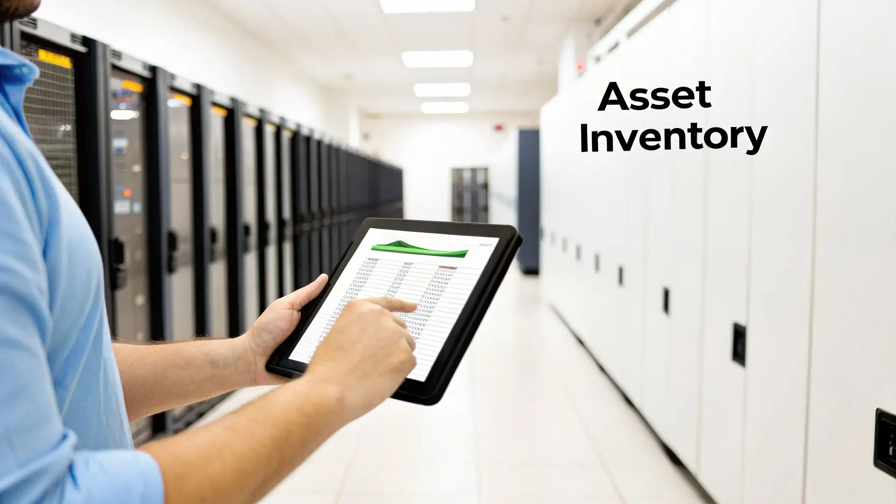 A technician reviews asset inventory on a tablet in a data center with server racks.
