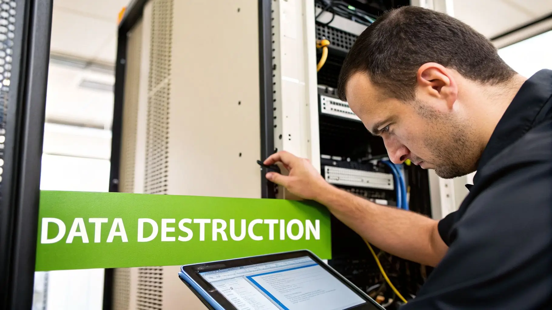 A man works on server racks with a tablet, a &ldquo;Data Destruction&rdquo; sign in foreground.