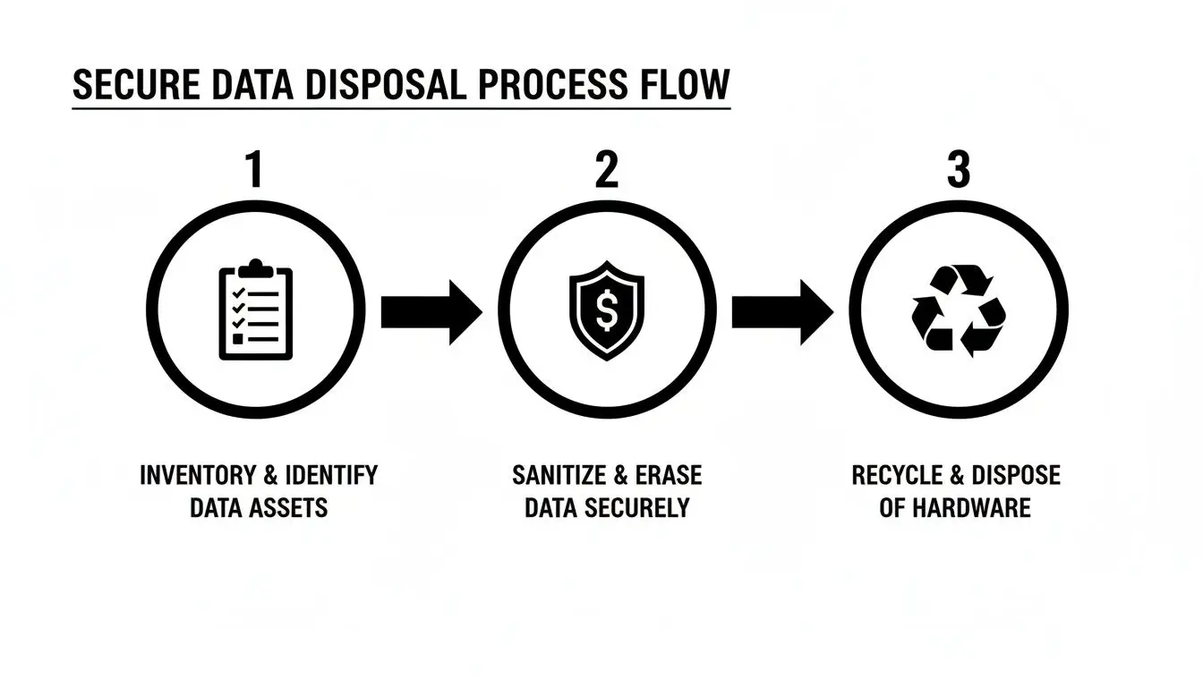A three-step process flow for secure data disposal: inventory, sanitize, and recycle hardware.