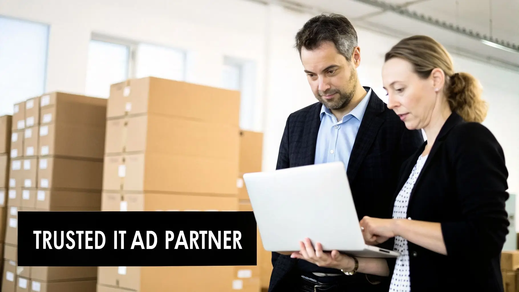 Two business professionals, a man and a woman, collaborate on a laptop in a warehouse with stacked boxes.