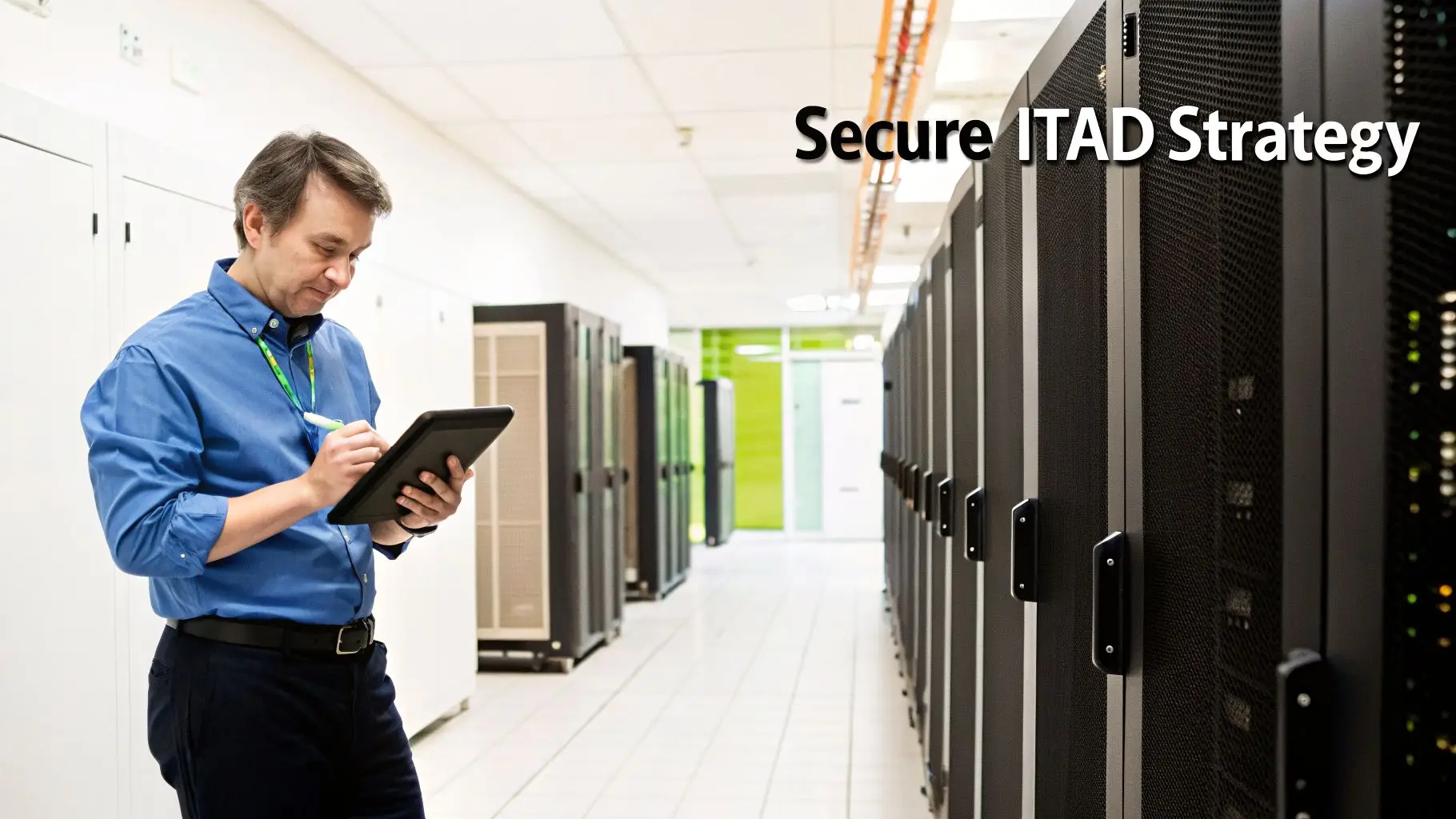 Man in blue shirt using a tablet with a stylus, standing in a modern data center with server racks.