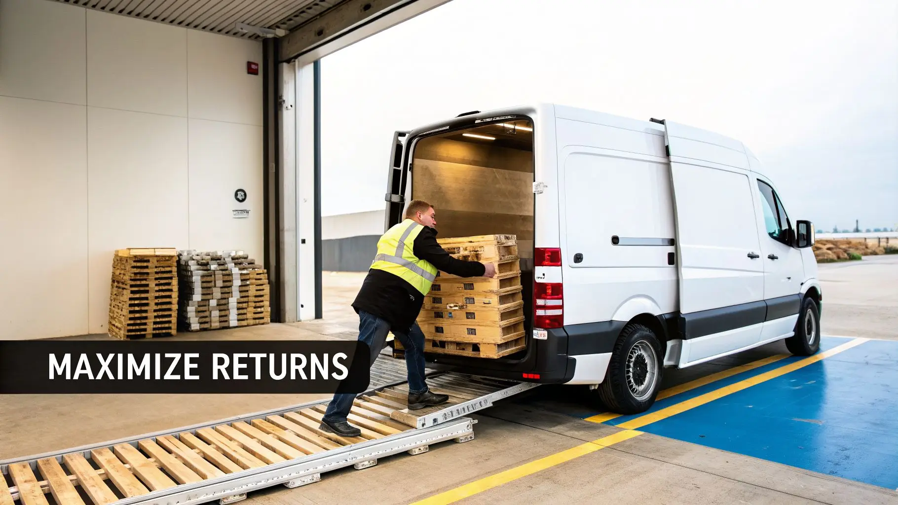 A worker in a safety vest loads wooden pallets into a white delivery van using a ramp.