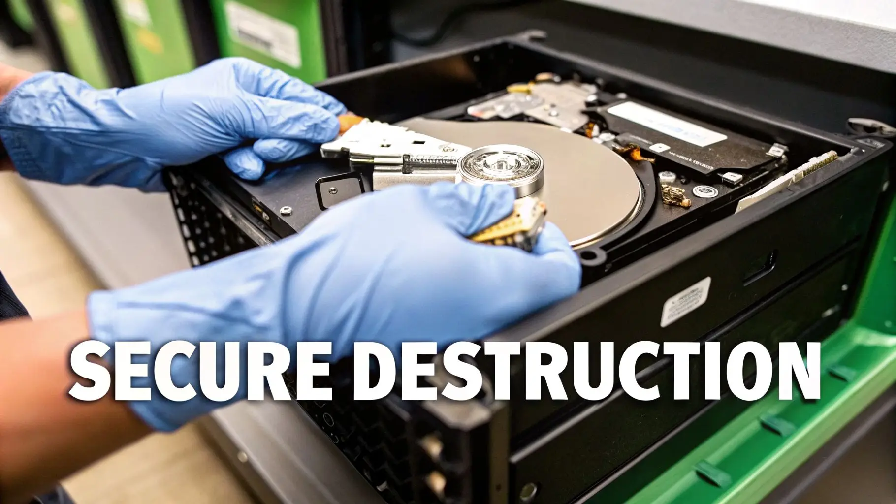 A person in blue gloves disassembling a hard drive for secure data destruction.