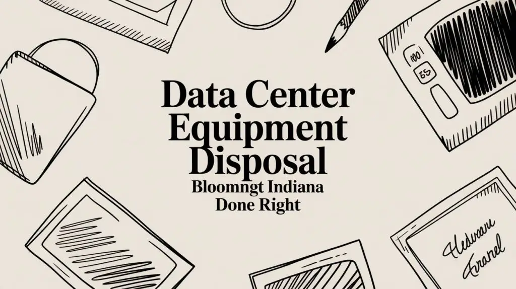 Illustration with sketches of electronic devices surrounding bold text that reads "Data Center Equipment Disposal Bloomington Indiana Done Right.