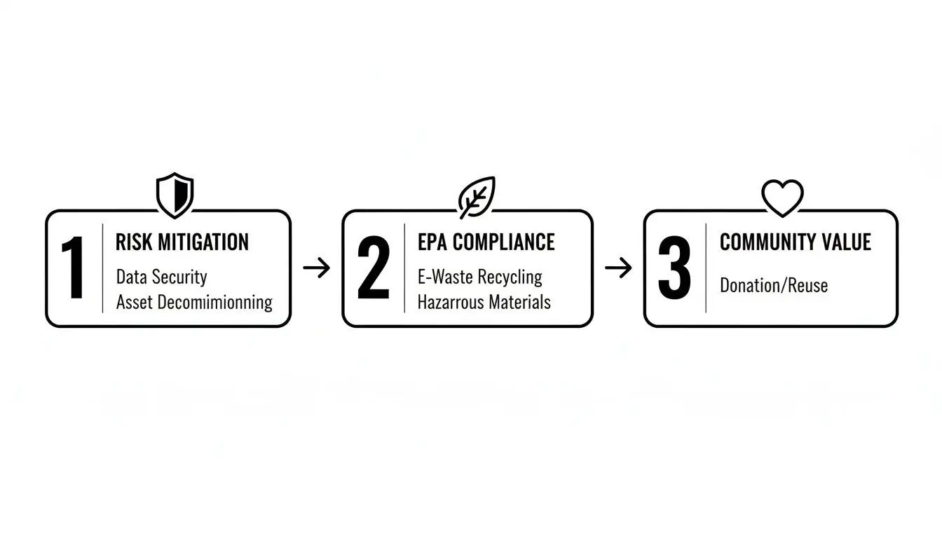 Three-step process for secure and compliant data center equipment disposal, ensuring community value.