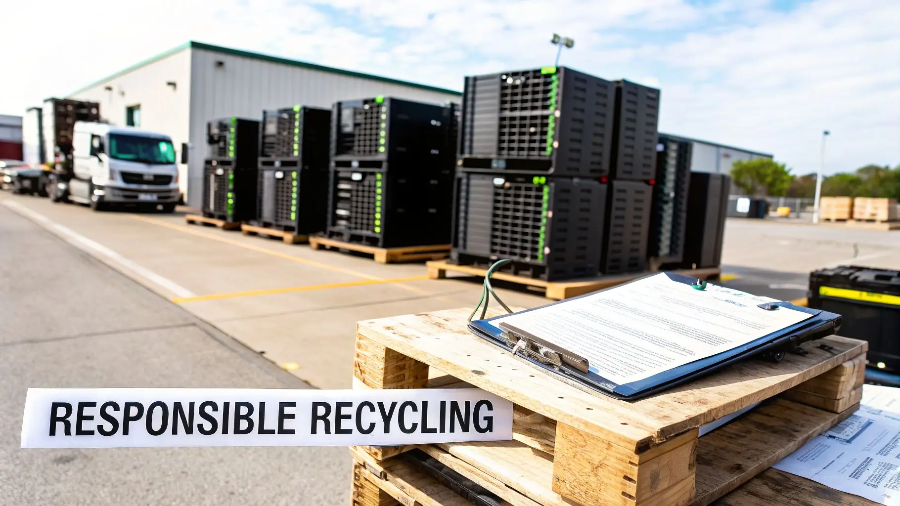 A 'Responsible Recycling' sign in front of stacked data center equipment on pallets at an outdoor facility, with a truck.