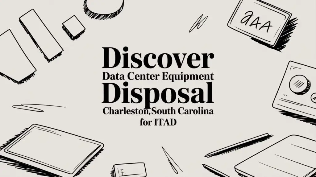Hand-drawn office equipment surrounds bold text that reads, &ldquo;Discover Data Center Equipment Disposal Charleston, South Carolina for ITAD.&rdquo;.