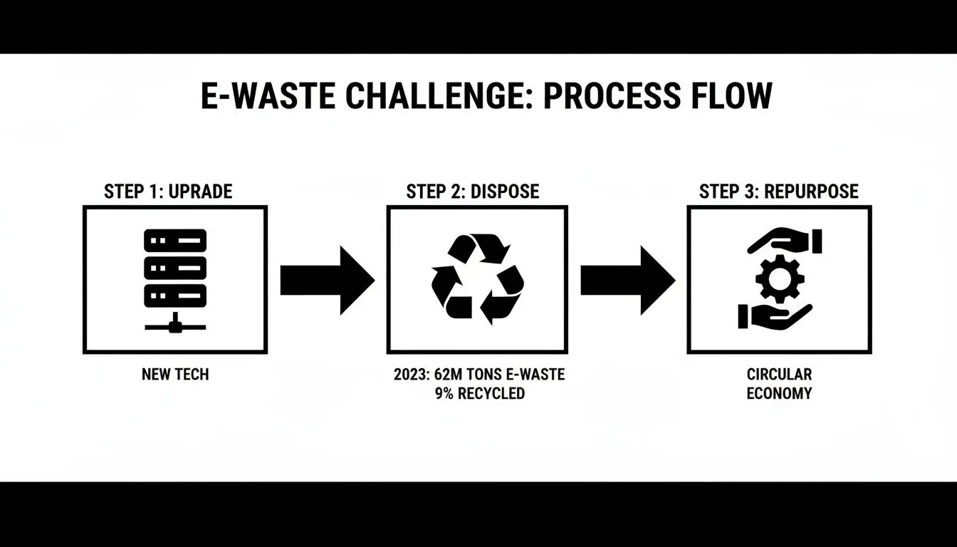 Infographic illustrating the E-waste challenge process flow, from upgrading technology to disposal and repurposing for a circular economy.