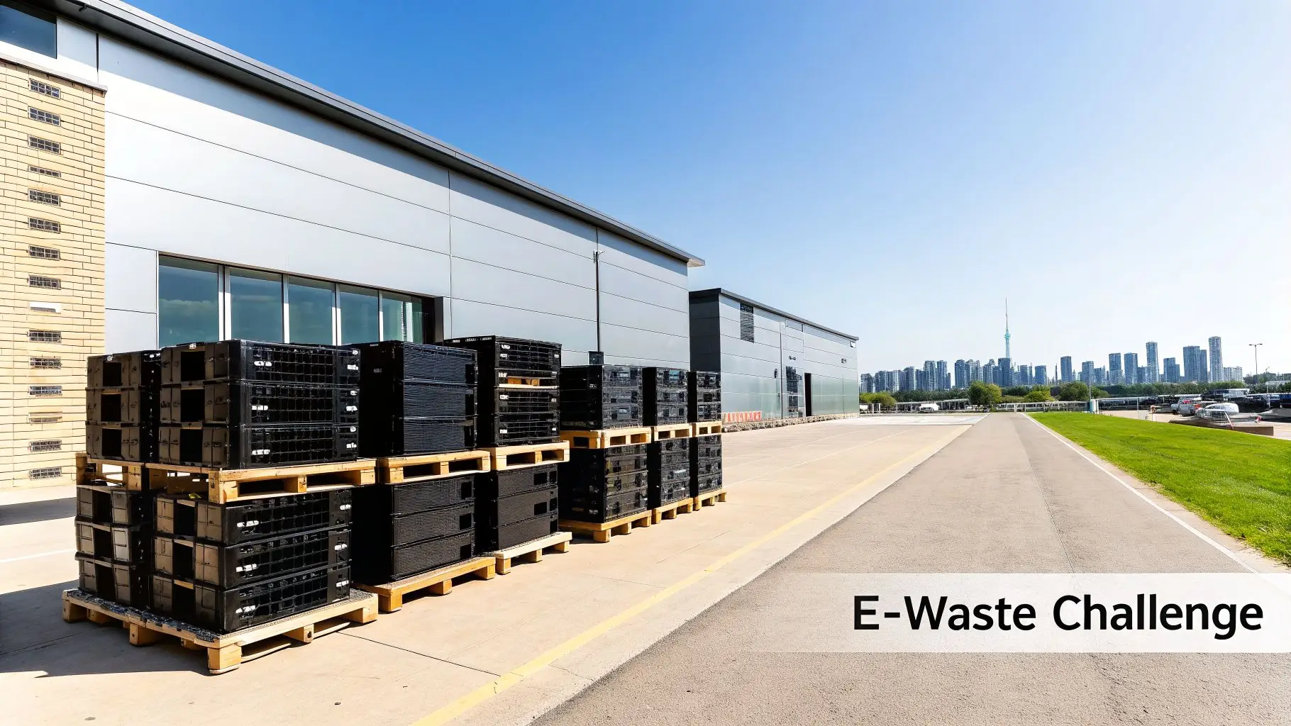 Black plastic crates on pallets outside modern data center buildings, with a city skyline under blue sky.