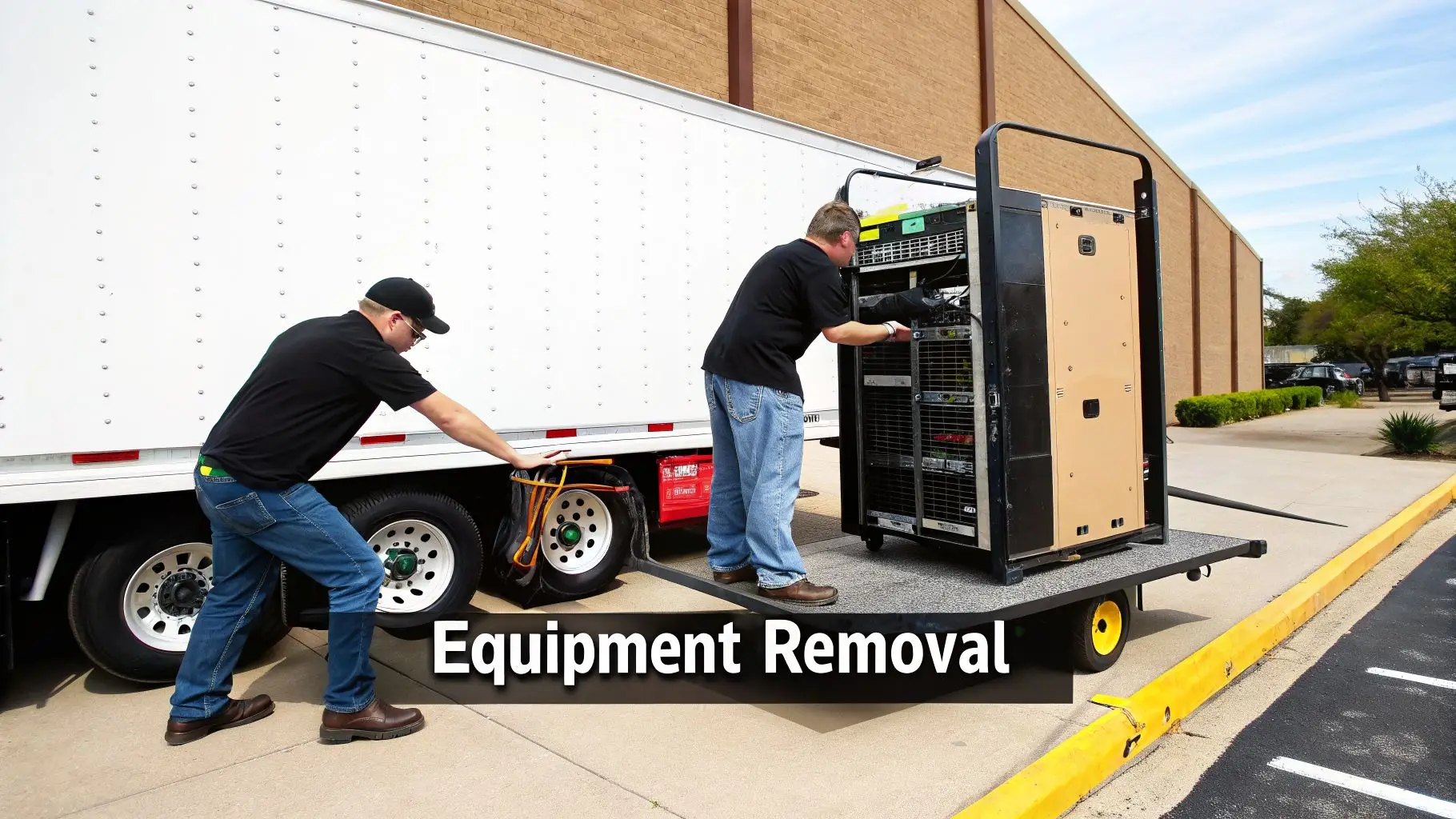 Workers carefully loading heavy data center server racks onto a commercial moving truck.