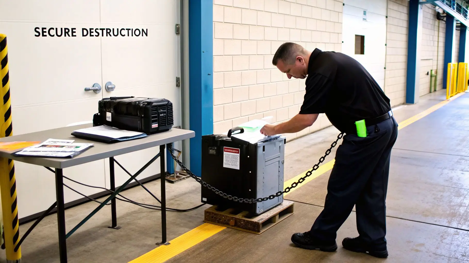 A man securely destroys documents with a chained shredder, emphasizing secure destruction protocols.