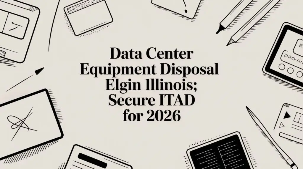 Text reads "Data Center Equipment Disposal Elgin Illinois; Secure ITAD for 2026" with illustrations of office supplies like a calculator, clipboard, pencil, and folder around the border.