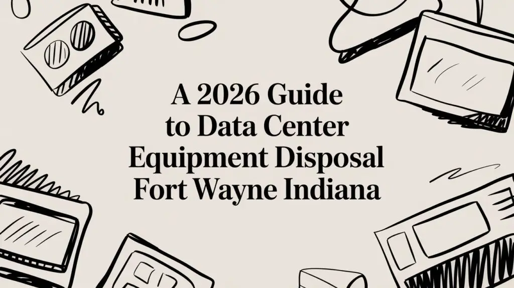 Black and white illustration of various electronic devices with the text "A 2026 Guide to Data Center Equipment Disposal Fort Wayne Indiana" in the center.