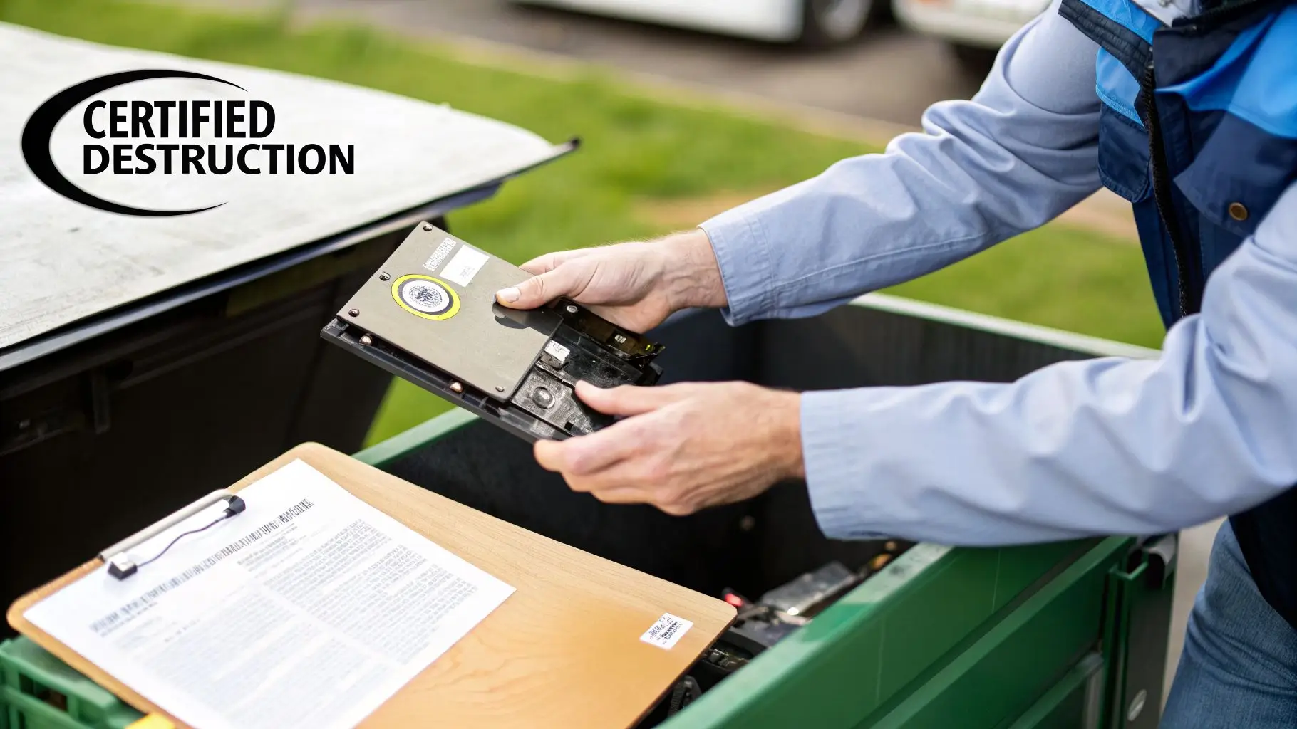 Hands destroy a hard drive for certified data destruction into a shredding bin.