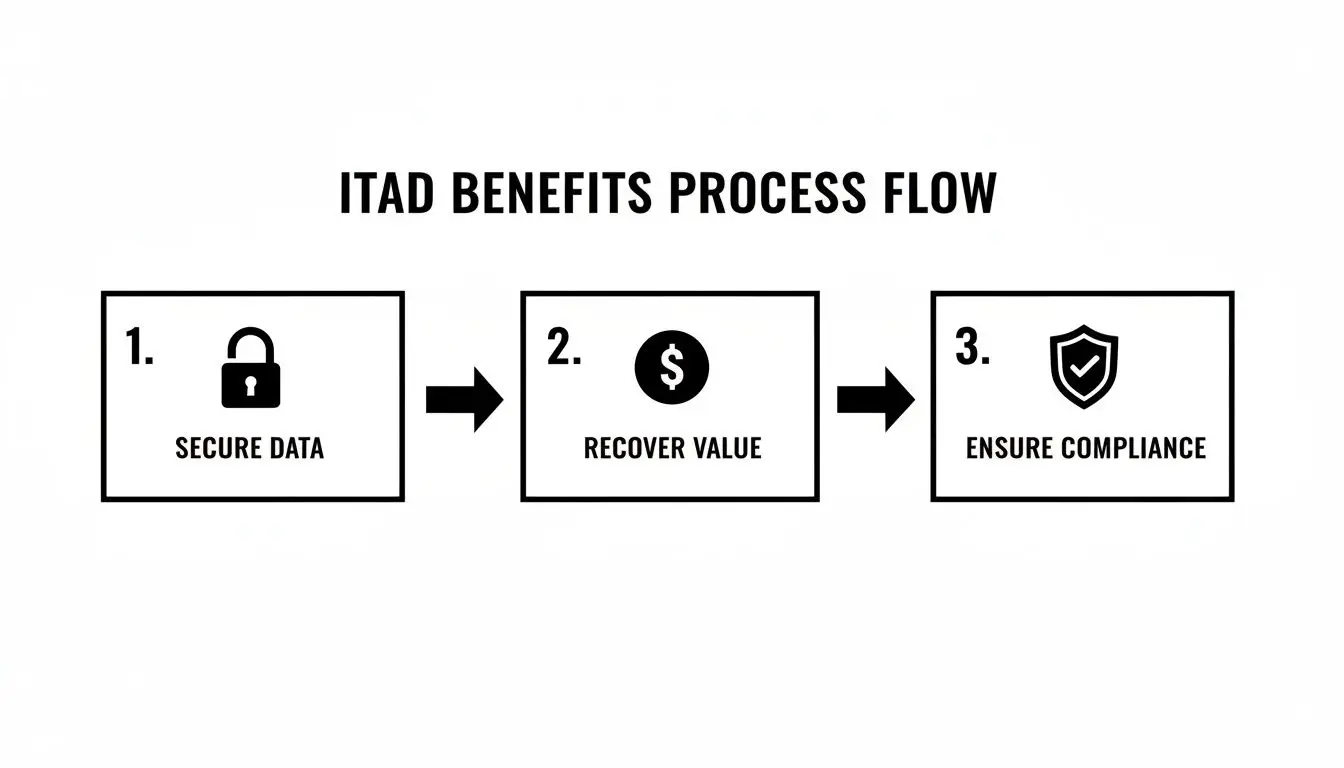 ITAD benefits process flow detailing three steps: Secure Data, Recover Value, and Ensure Compliance.