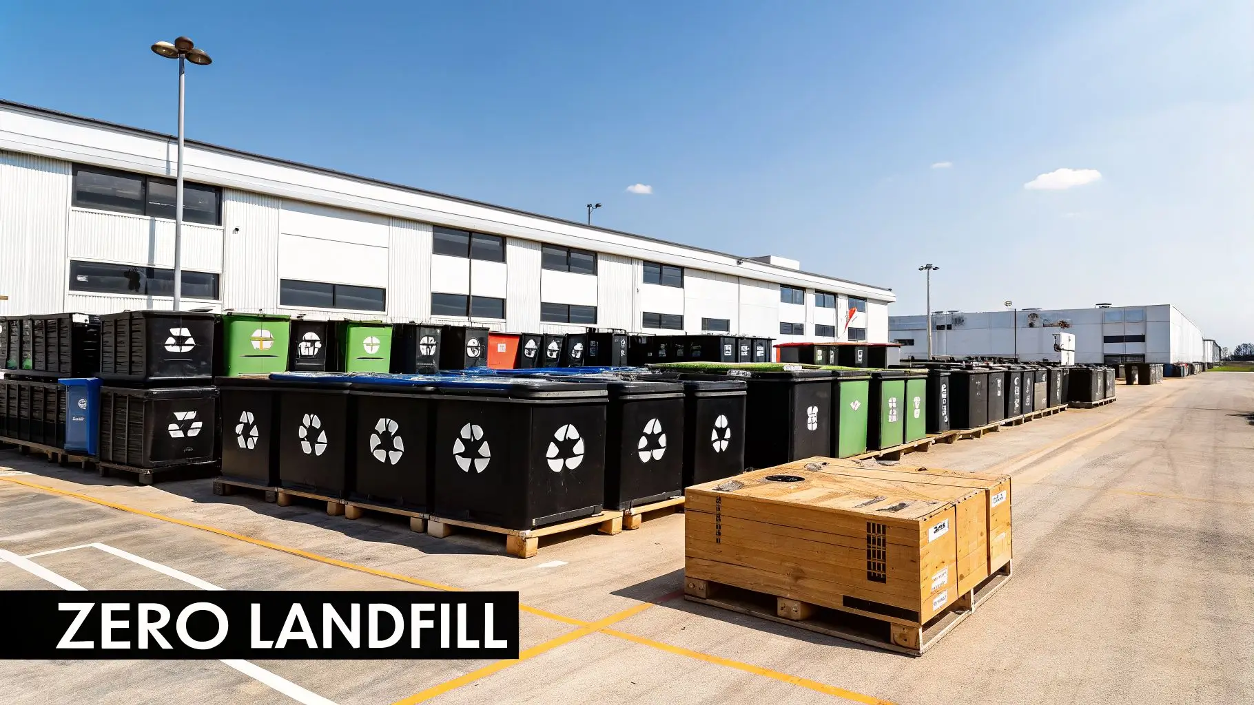 Numerous recycling bins and a wooden crate for zero landfill waste management outside an industrial building.