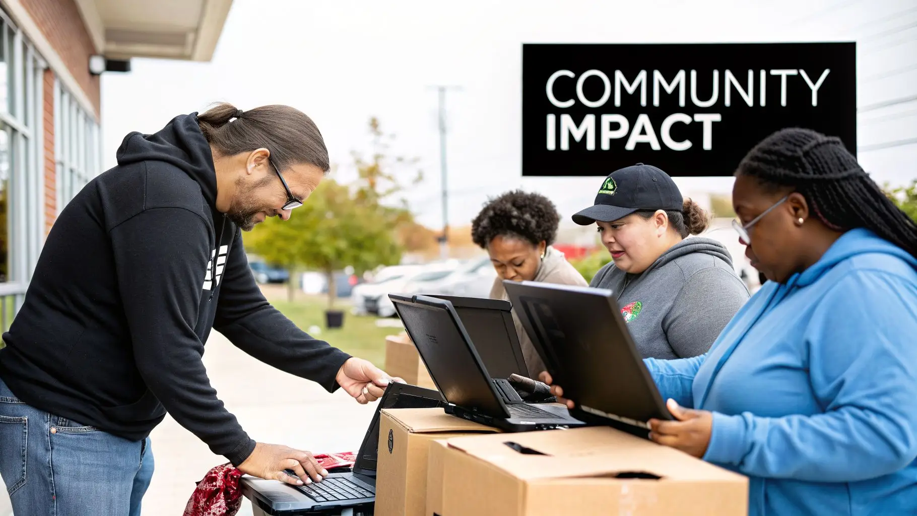 Diverse group of people working on laptops outdoors at a community impact event.