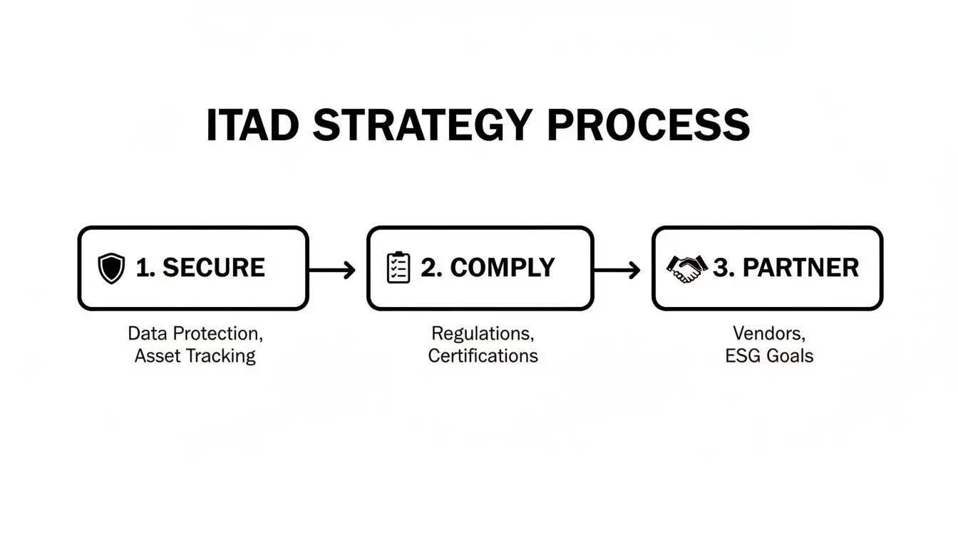 A flowchart outlining the ITAD strategy process with three steps: Secure, Comply, and Partner.