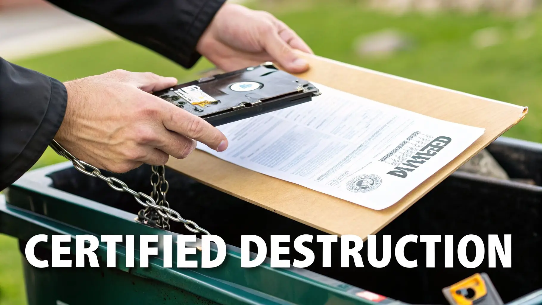 Close-up of hands with a metal chain disposing of a hard drive and certified document into a destruction bin.