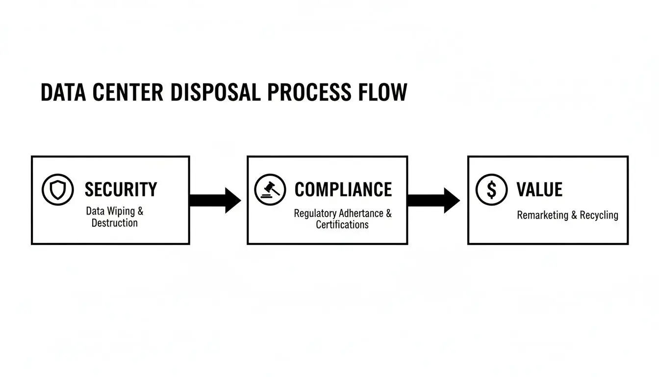 Flowchart illustrating the data center equipment disposal process, covering security, compliance, and value.