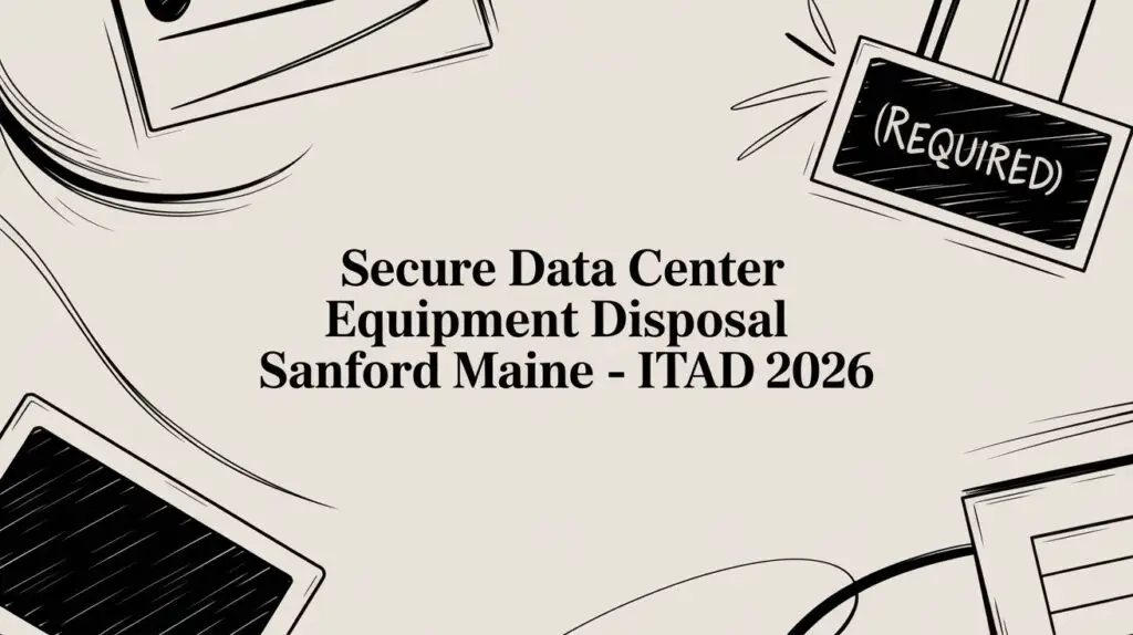 Black and white illustration with the text &ldquo;Secure Data Center Equipment Disposal Sanford Maine - ITAD 2026&rdquo; surrounded by sketches of electronics and a sign that says &ldquo;Required.&rdquo;.
