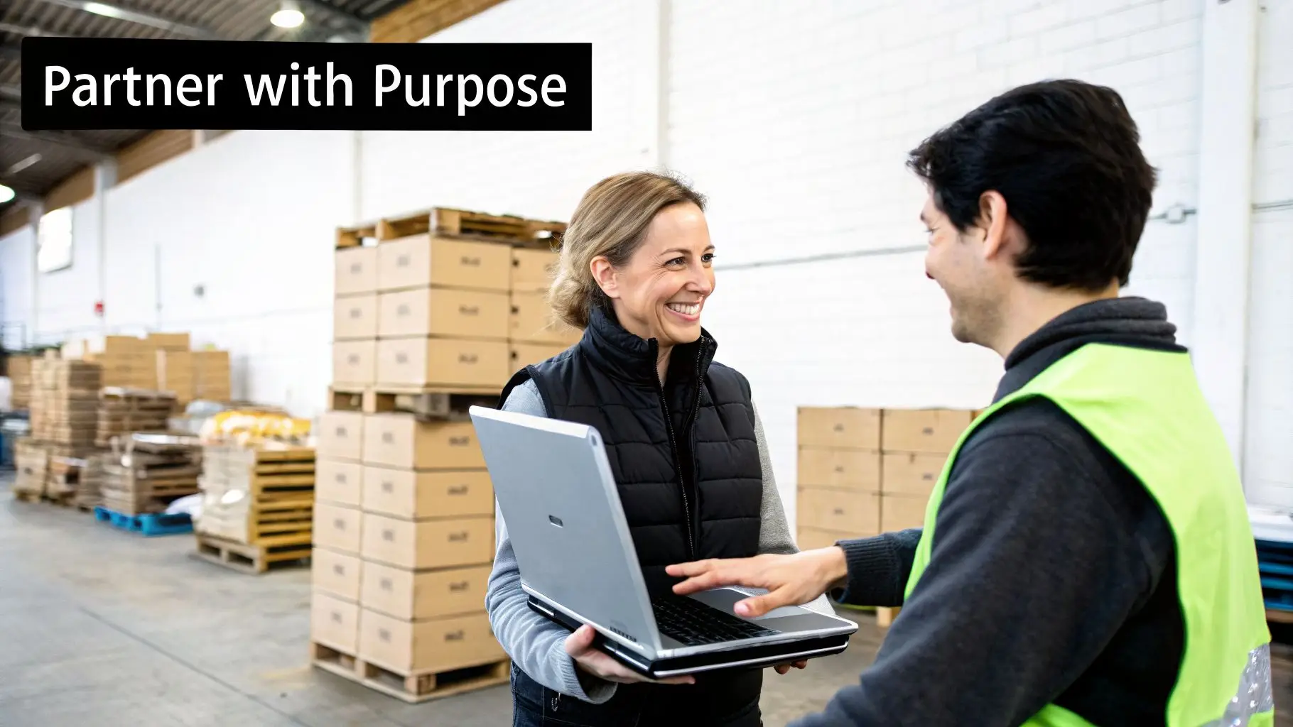 Two warehouse workers, a woman with a laptop and a man in a vest, smiling and collaborating.
