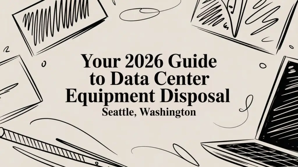 Illustrated banner with the text "Your 2026 Guide to Data Center Equipment Disposal, Seattle, Washington" surrounded by sketches of a laptop, keyboard, server, and wires on a beige background.