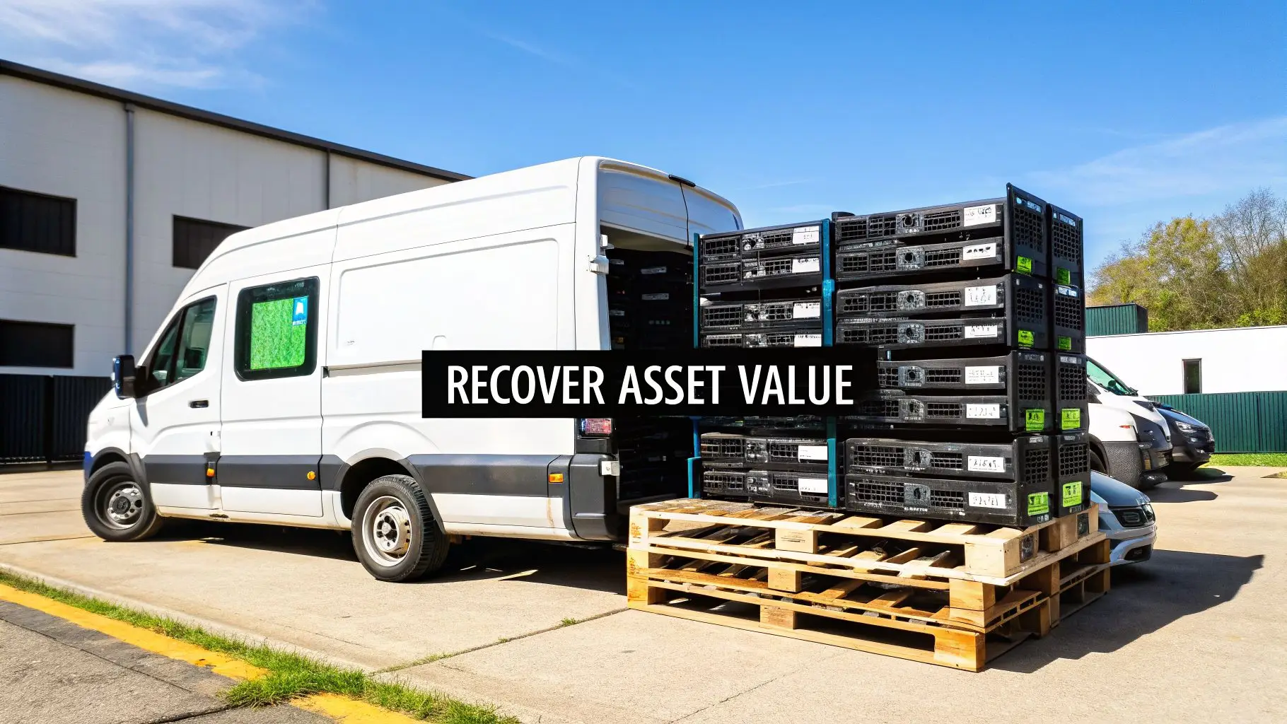 White van and stacks of old server equipment on pallets, ready for IT asset disposal.