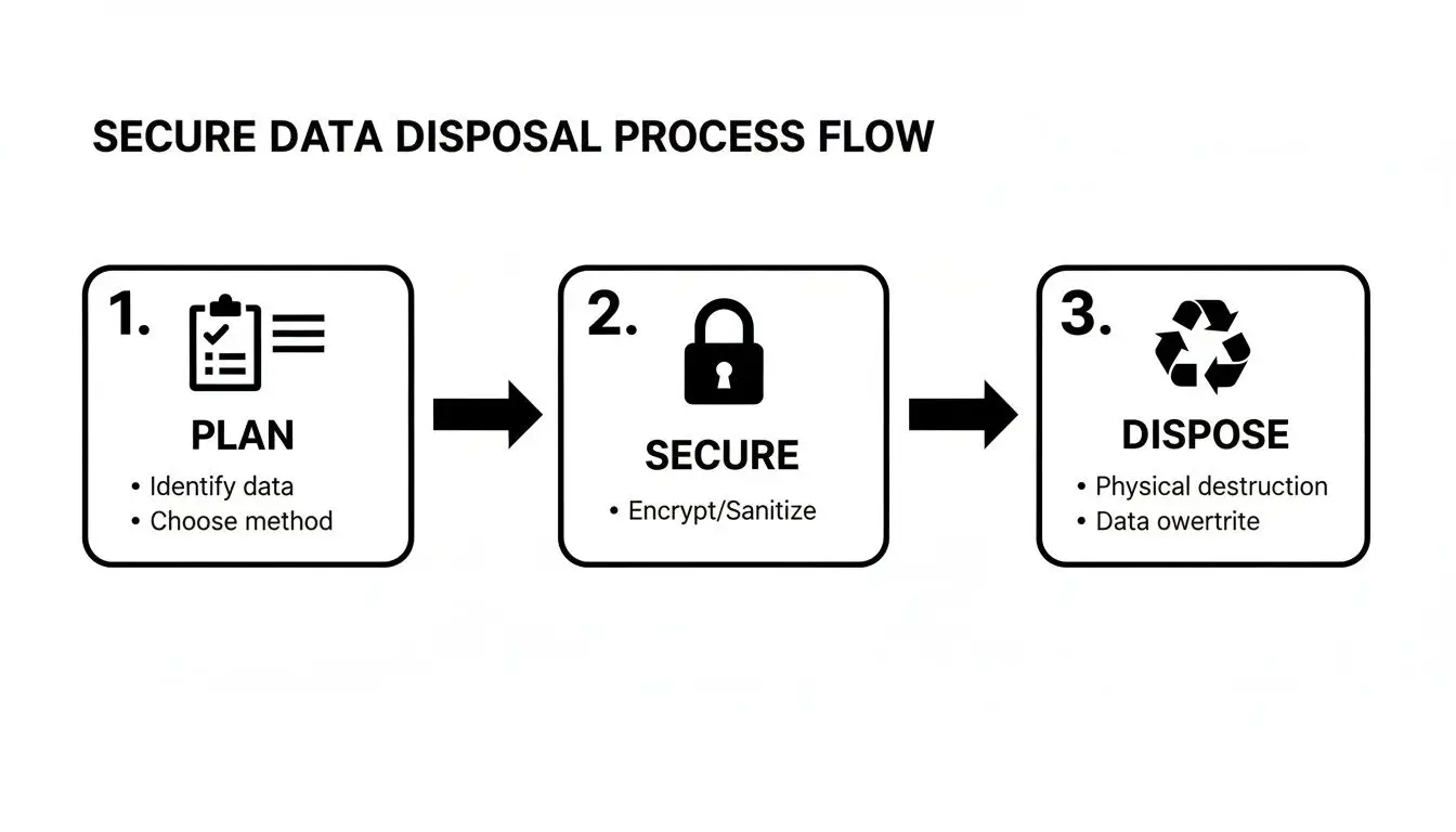 A three-step secure data disposal process flow: Plan, Secure, and Dispose, with details for each stage.