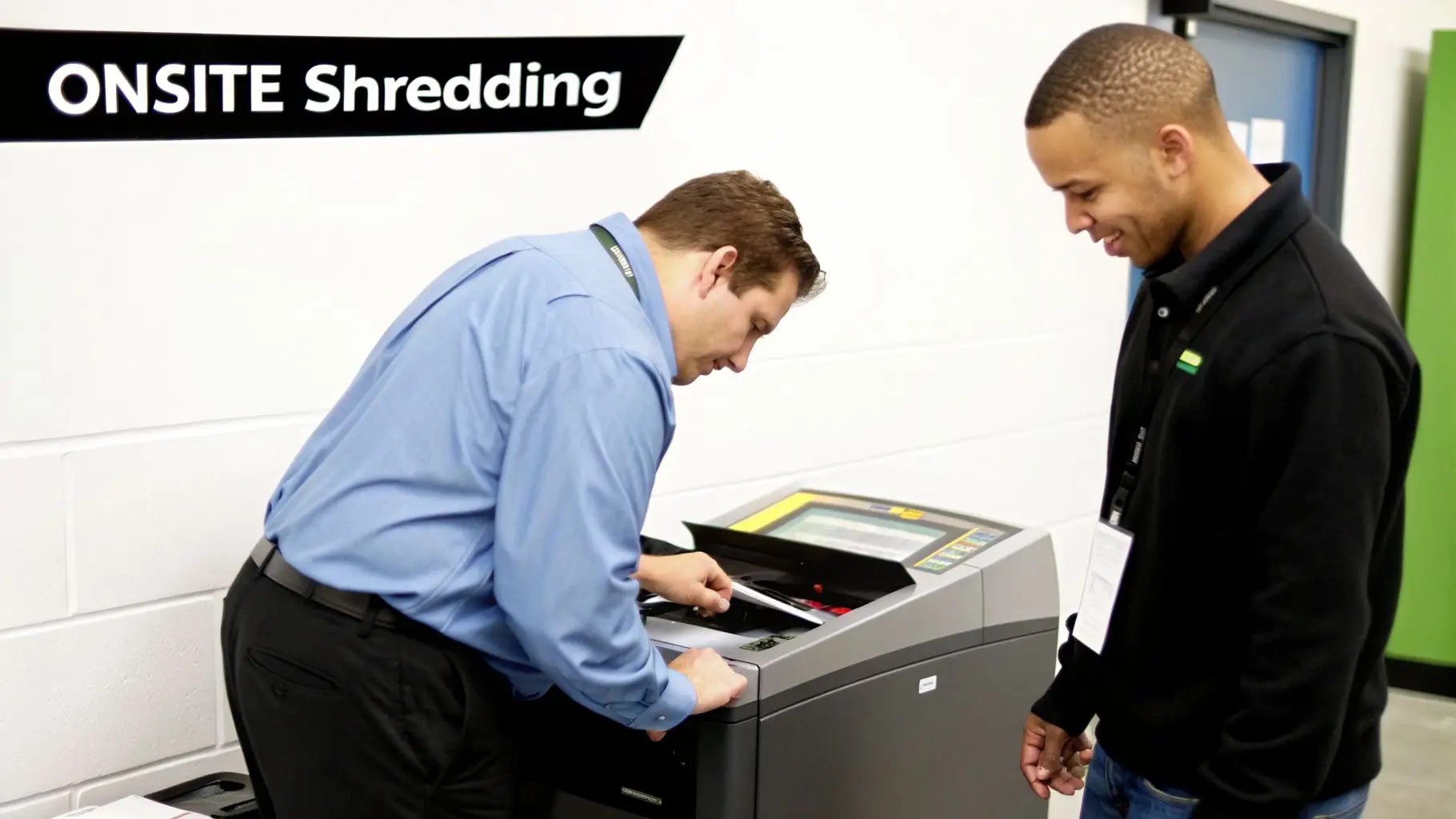 Two men, one shredding documents in an 'ONSITE Shredding' machine while the other watches.