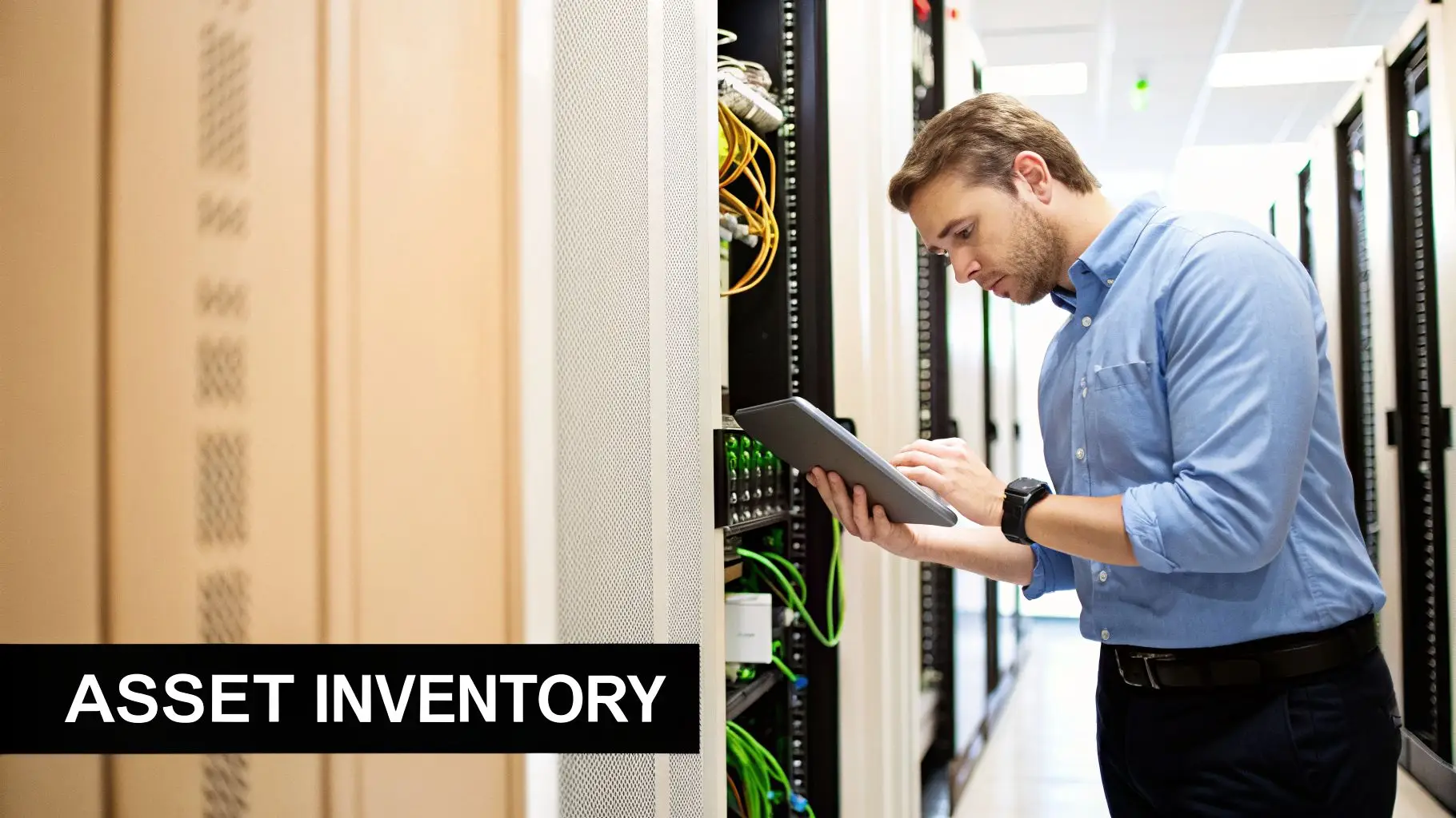 A man uses a tablet to perform asset inventory in a server data center.