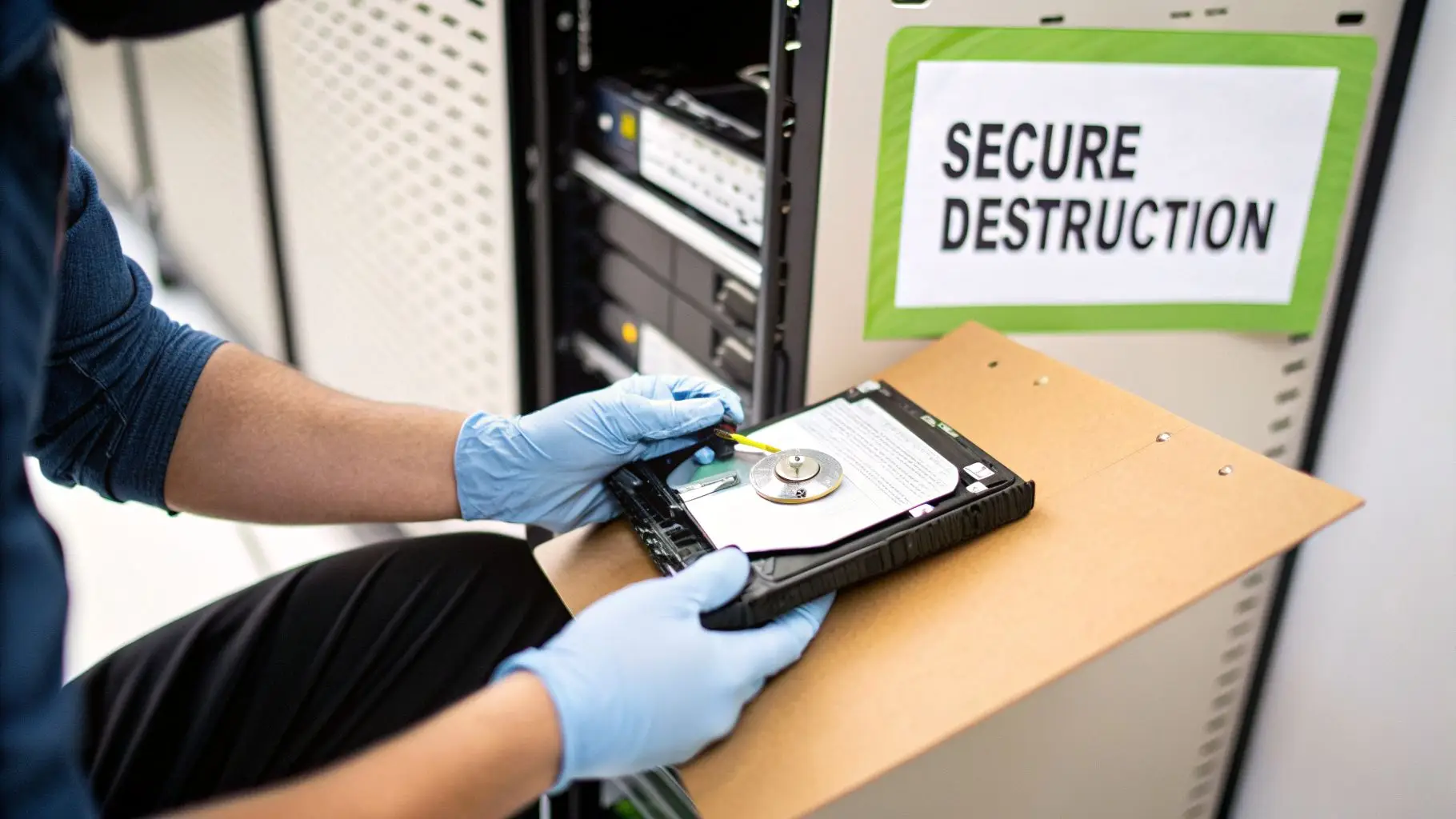 Technician in blue gloves preparing a hard drive for secure destruction in a data center.