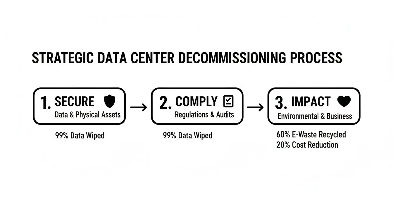 A strategic data center decommissioning process flowchart illustrating secure, comply, and impact steps.