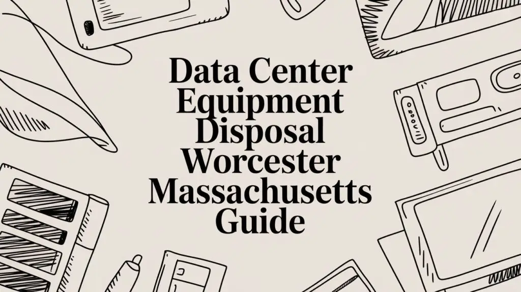 Text in the center reads &ldquo;Data Center Equipment Disposal Worcester Massachusetts Guide&rdquo; surrounded by sketched outlines of electronic devices on a light background.