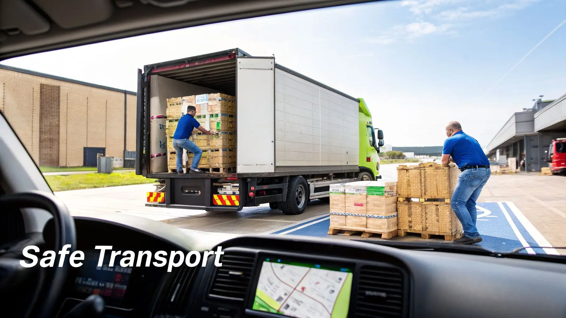 Two men efficiently unload pallets of goods from a large truck at an industrial loading dock.