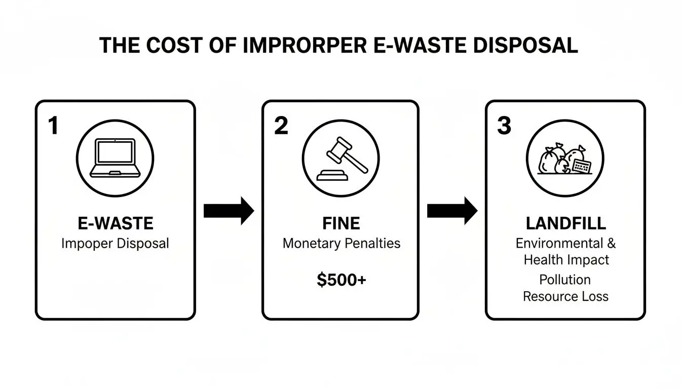 Flowchart illustrating the process and consequences of improper e-waste disposal: fines and environmental impact.