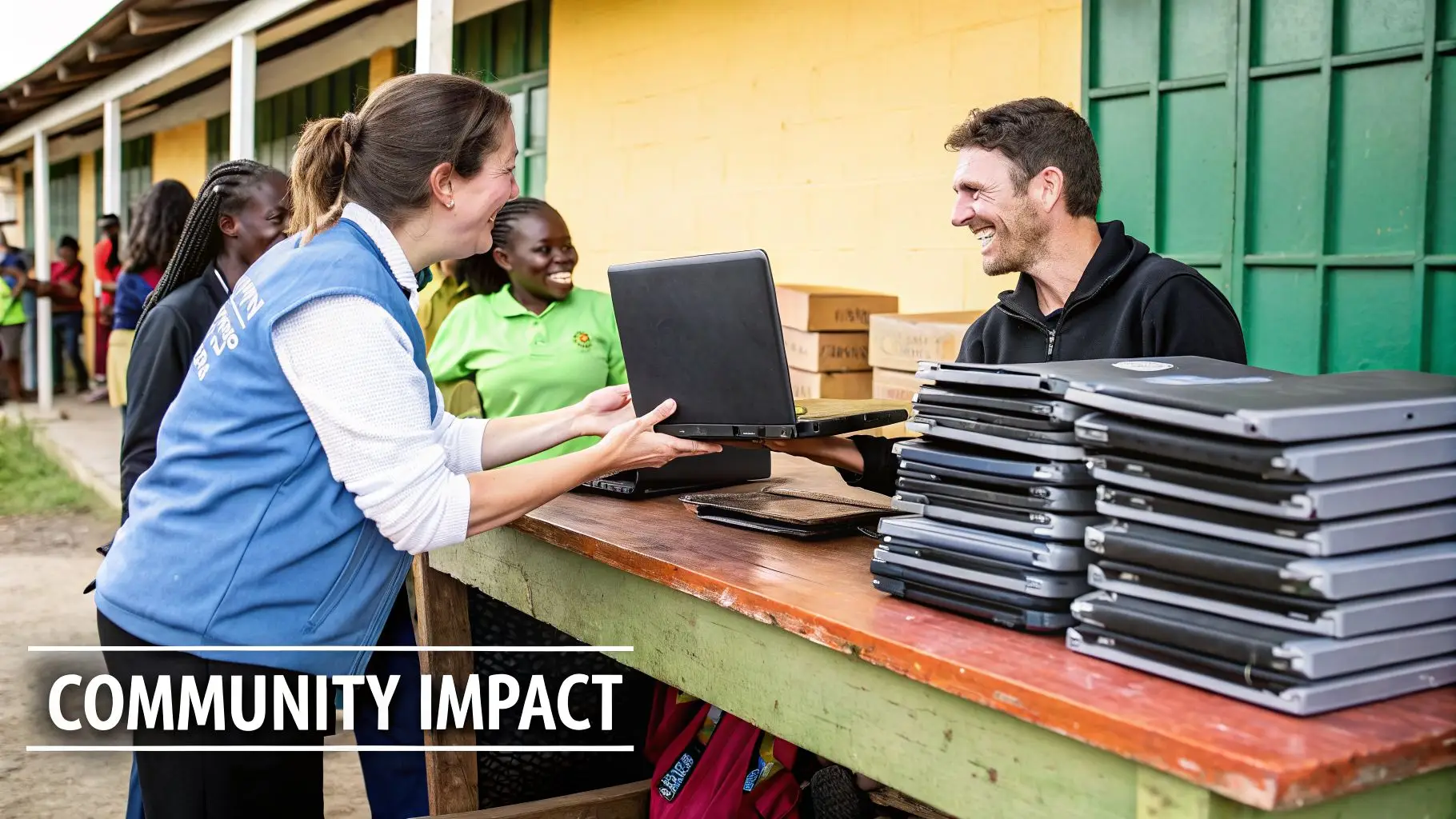 Smiling individuals exchange laptops at a community outreach event for digital inclusion.