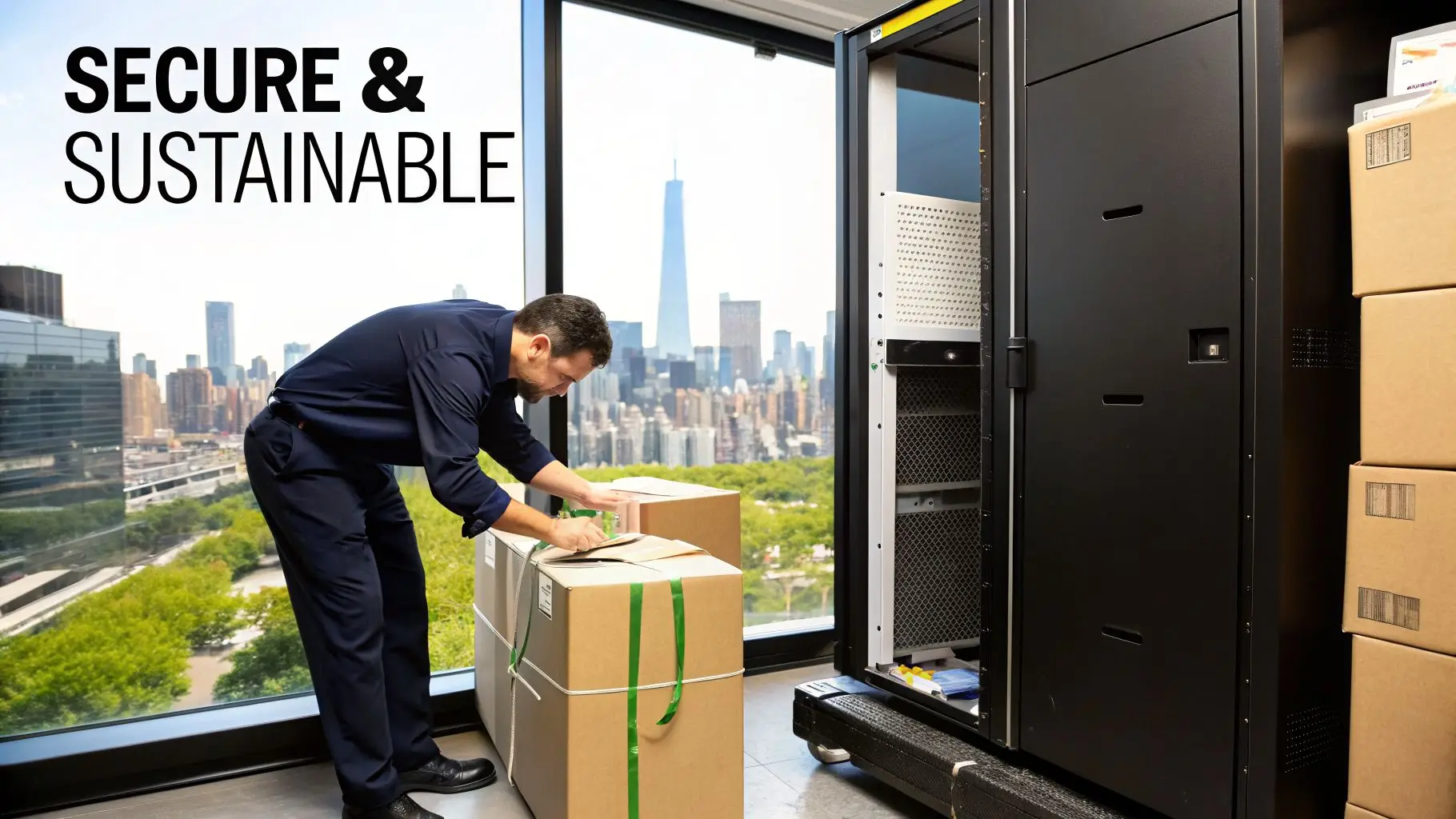 Man preparing cardboard boxes next to a server rack in an office with a city skyline view.
