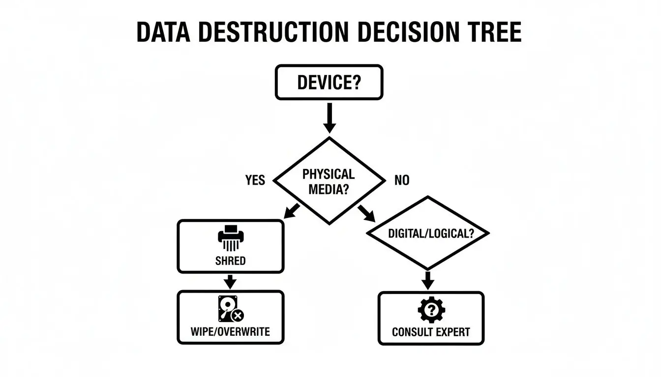 Decision tree flowchart showing steps for data destruction based on physical or digital media.