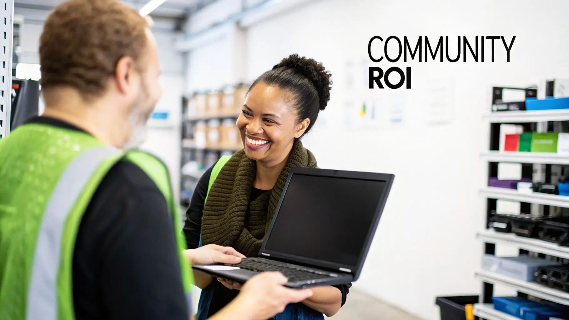 A man in a high-visibility vest hands a laptop to a smiling woman in a warehouse.
