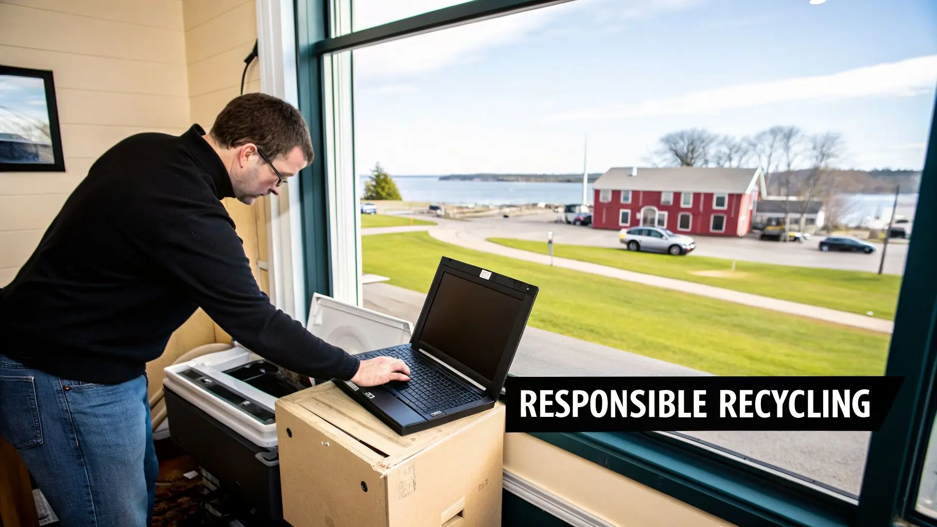 Man preparing electronics for responsible recycling, working on a laptop with a scenic bay view outside a window.