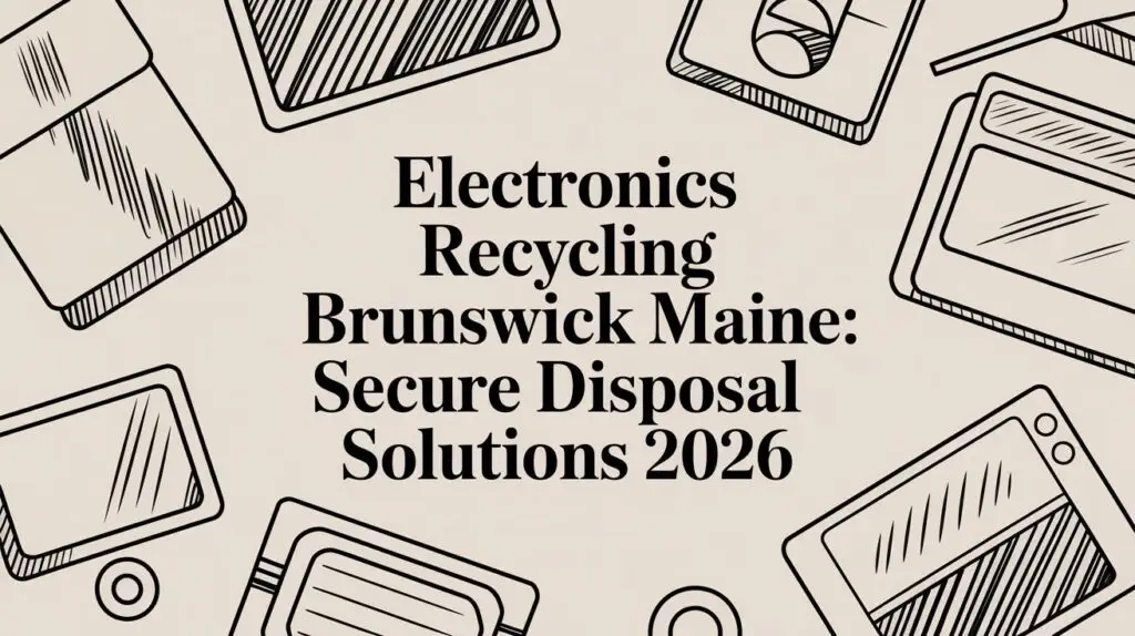 Text "Electronics Recycling Brunswick Maine: Secure Disposal Solutions 2026" is centered on a beige background, surrounded by black line drawings of various electronic devices such as tablets, phones, and monitors.