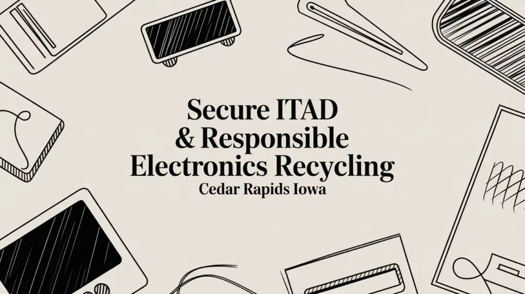 Text reads "Secure ITAD & Responsible Electronics Recycling Cedar Rapids Iowa" on a beige background with black line art illustrations of various electronic devices.
