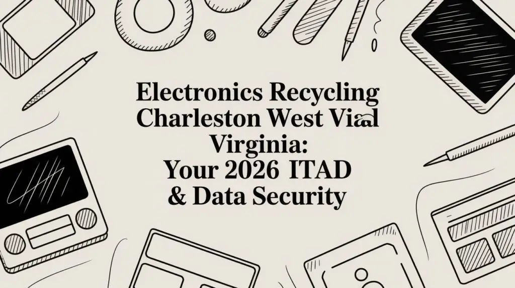 Promotional graphic with hand-drawn images of electronics, featuring the text: "Electronics Recycling Charleston West Virginia: Your 2026 ITAD & Data Security.